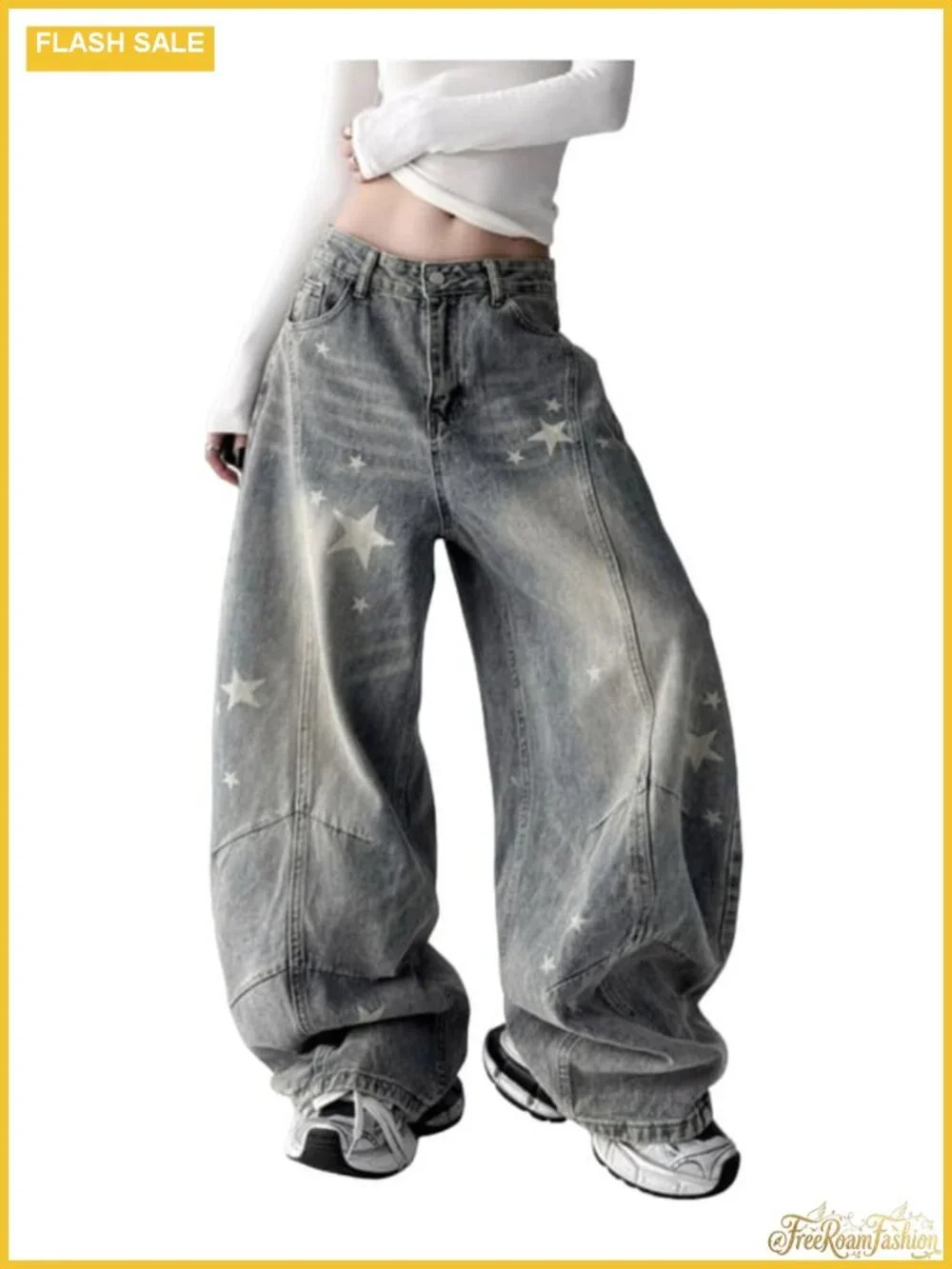 Baggy Y2K Low Rise Barrel Jeans Women Star Wide Leg Denim